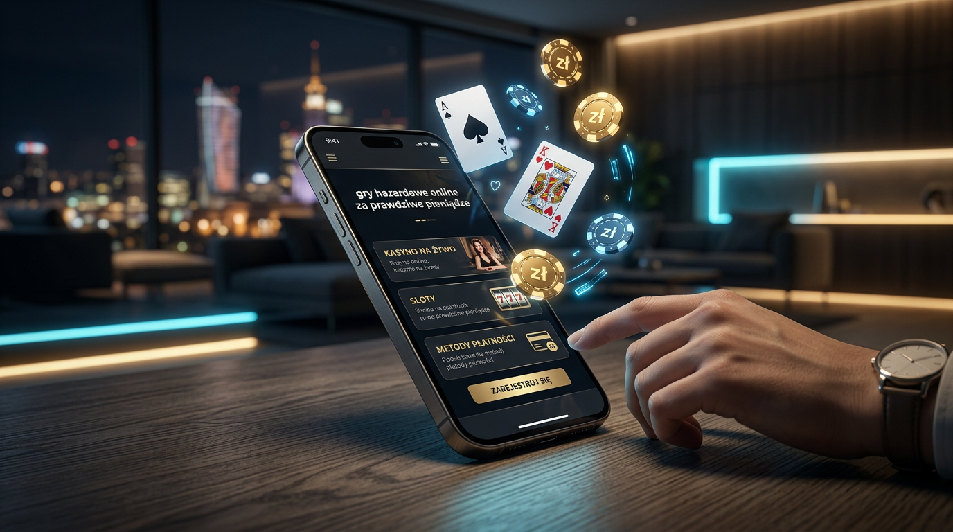 Futurystyczny interfejs kasyna online na smartfonie z animowanymi żetonami i kartami
