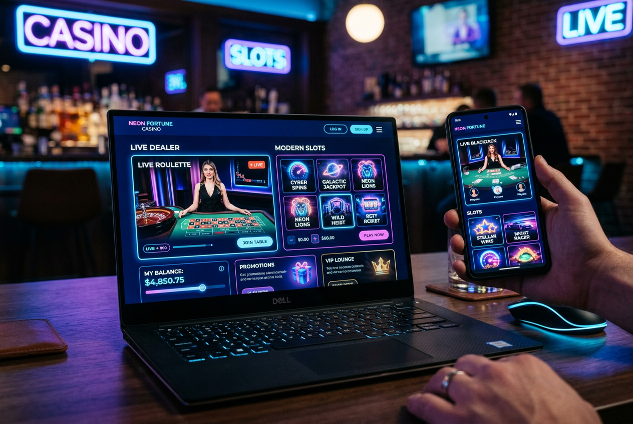 Nowoczesny interfejs nowego kasyna online 2026 wyświetlony na smartfonie i laptopie
